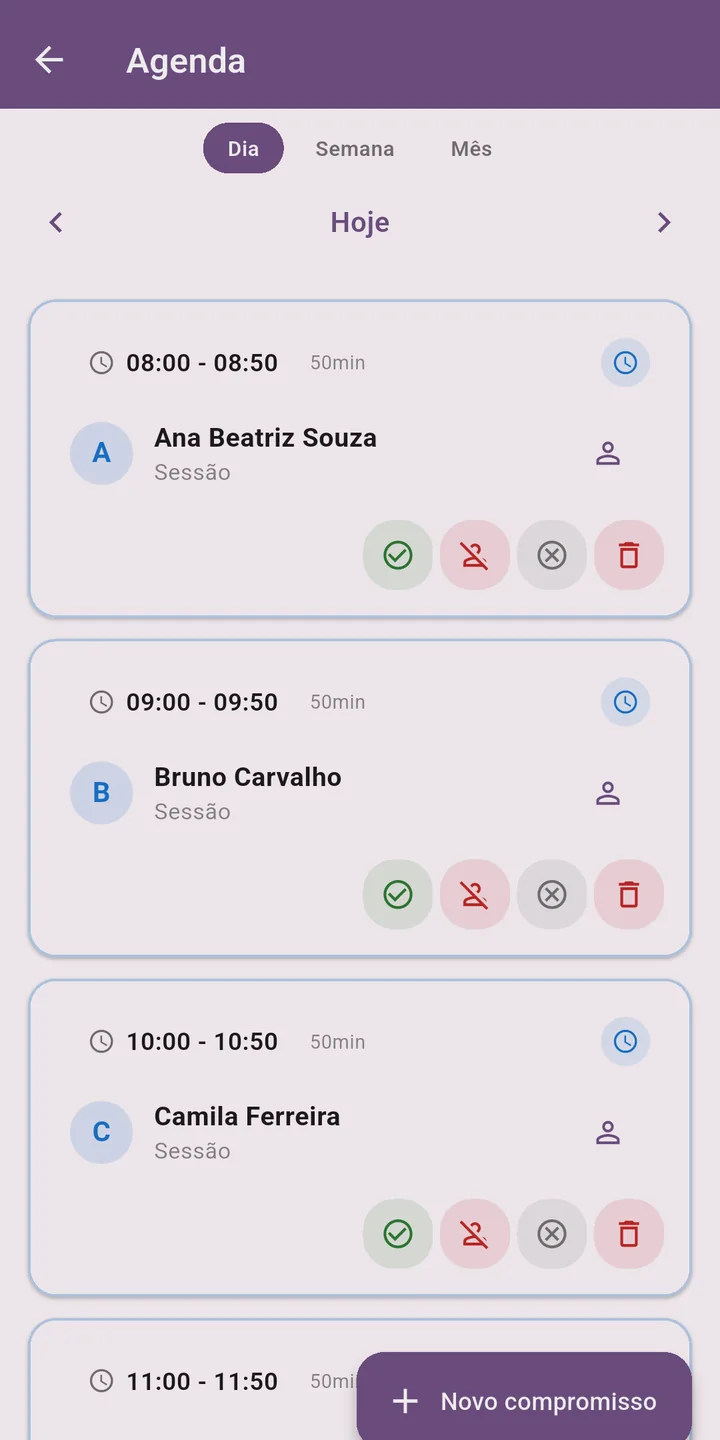 Tela da agenda com compromissos do dia e status