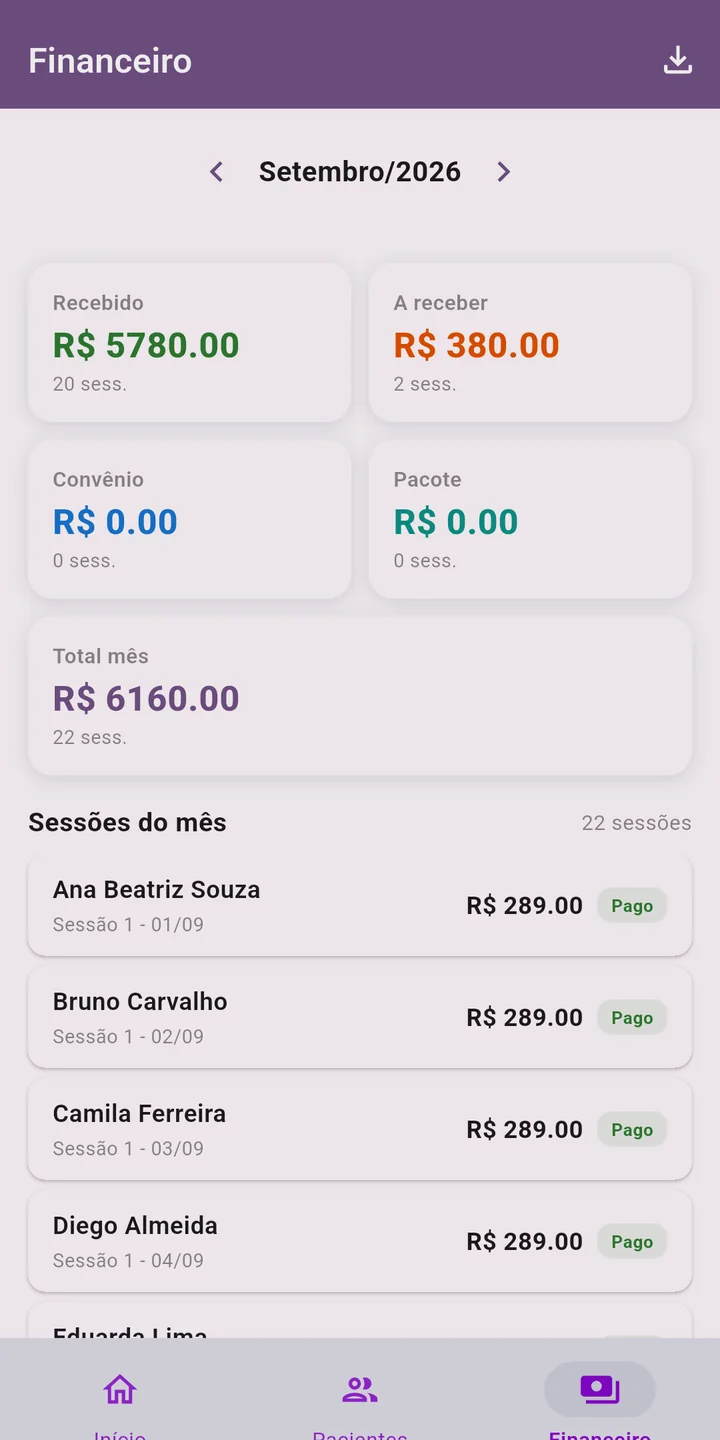 Tela do financeiro com valores recebidos, a receber e pendências