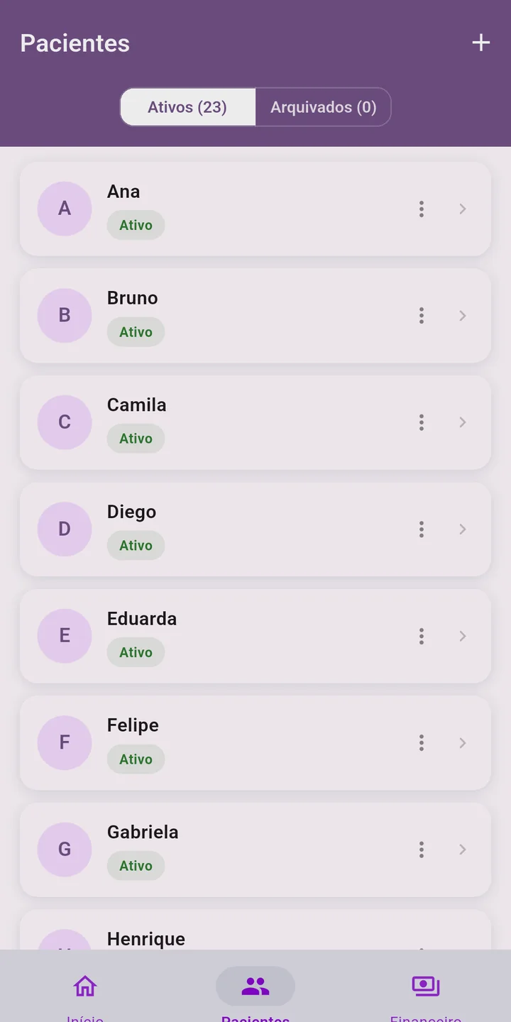 Tela da lista de pacientes com busca e abas