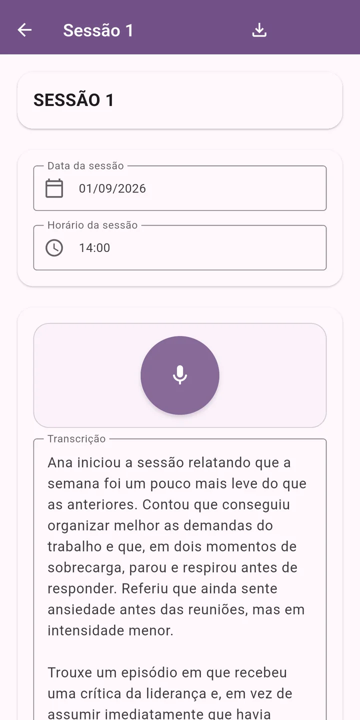 Tela de sessão com transcrição e síntese pendente de revisão