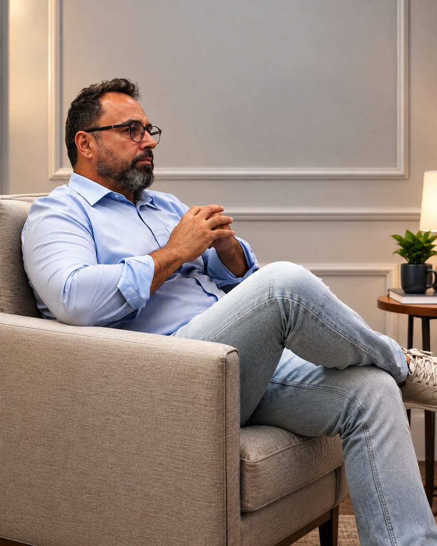 Rodrigo Lemos, fundador do MentAll PRO, sentado em uma poltrona de consultório